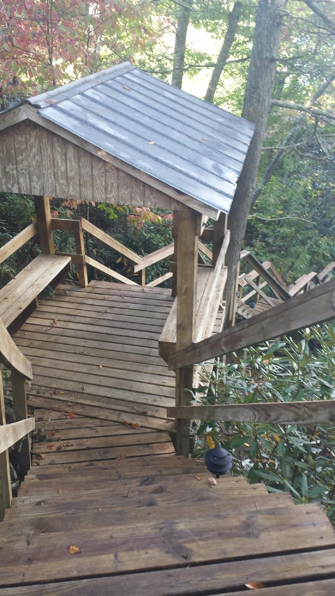 Metal roofed shelter over wooden steps on a wooded walkway — Skylight Repair & Installation work by our crew in Starrucca